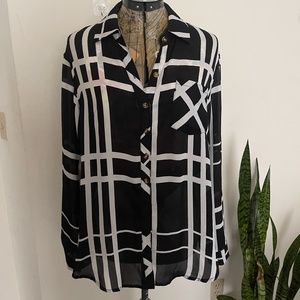 ZC & GF Womens Sheer Blank and White Patterned Button Long Sleeve Top XL Blouse